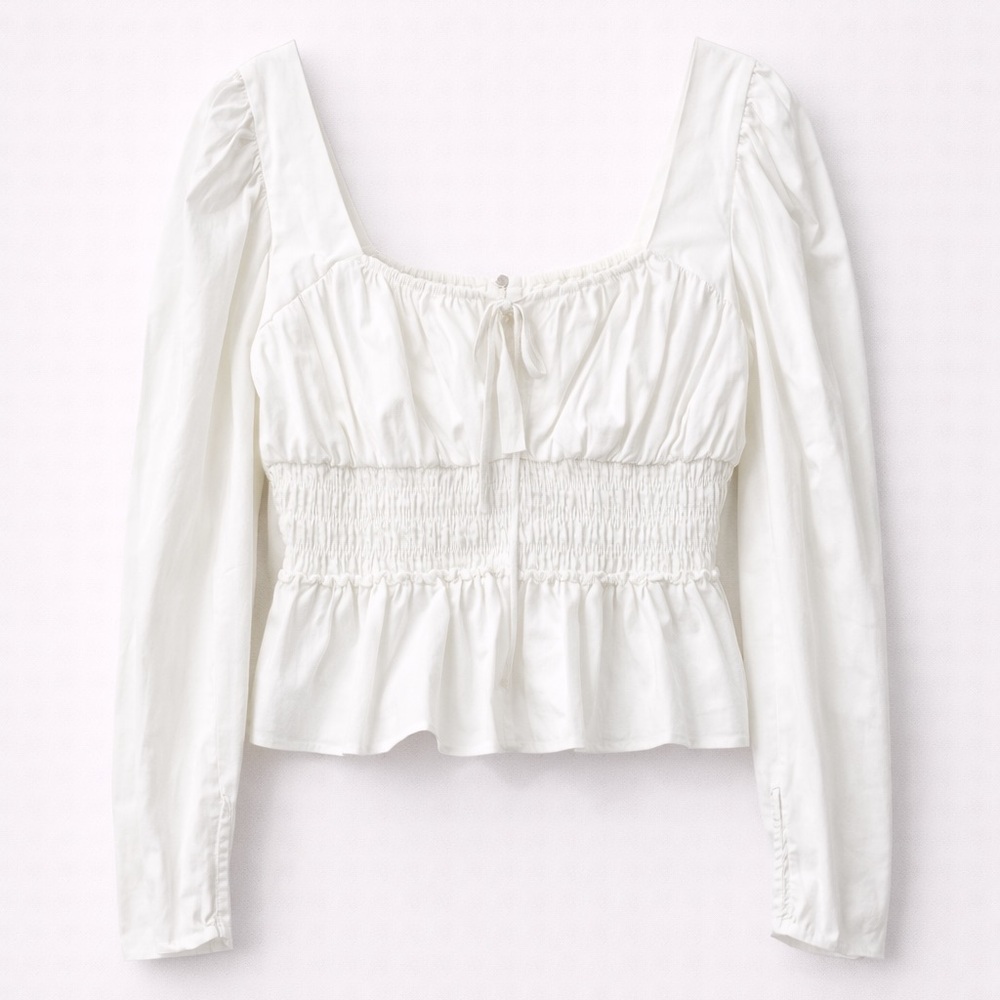 Wayf White Smocked Peplum Long-Sleeve Blouse